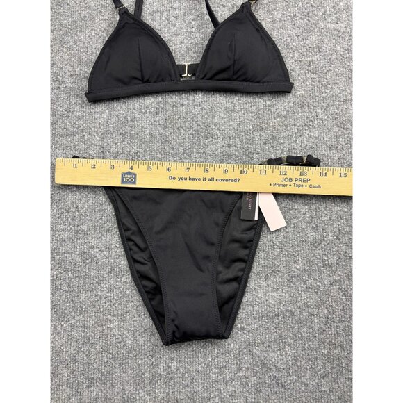Victorias Secret Bikini Swimsuit Womens Medium Black Triangle Top Bottom Gold V - Picture 5 of 9